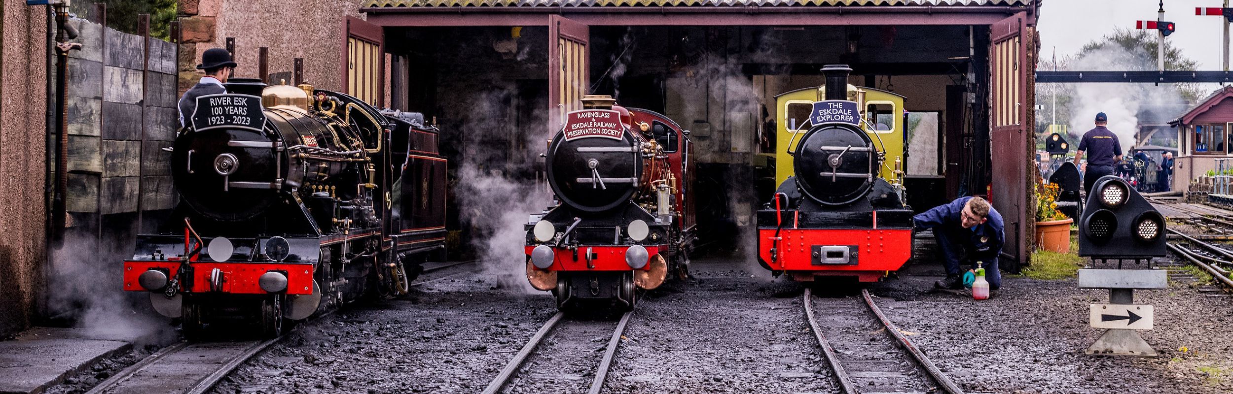 Heritage steam locomotives River Esk, River Mite and Northern Rock in the engine sheds at the Ravenglass and Eskdale Railway