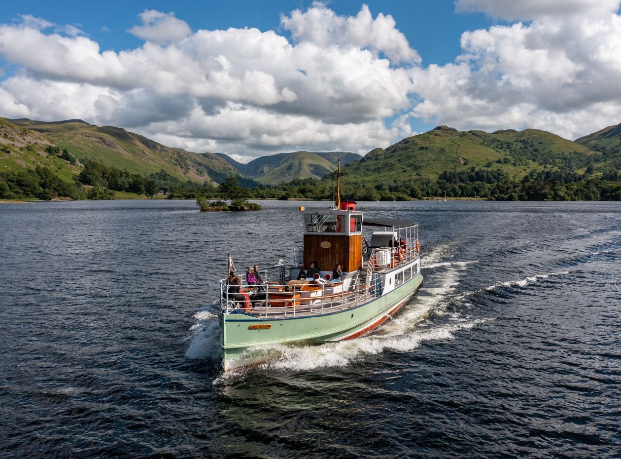 Heritage Vessel M.V. Western Belle boat trip Ullswater Lake on a sunny day.