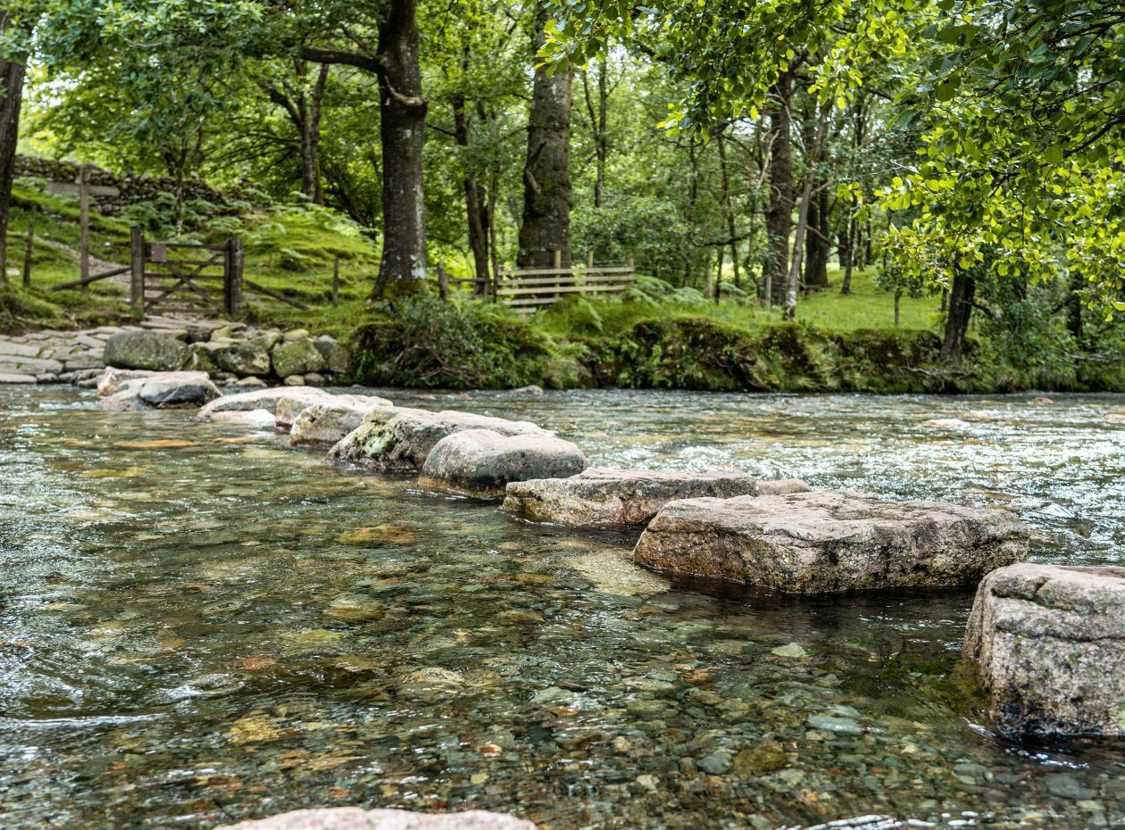 Stepping stones across the river at St. Catherine's Church in Eskdale