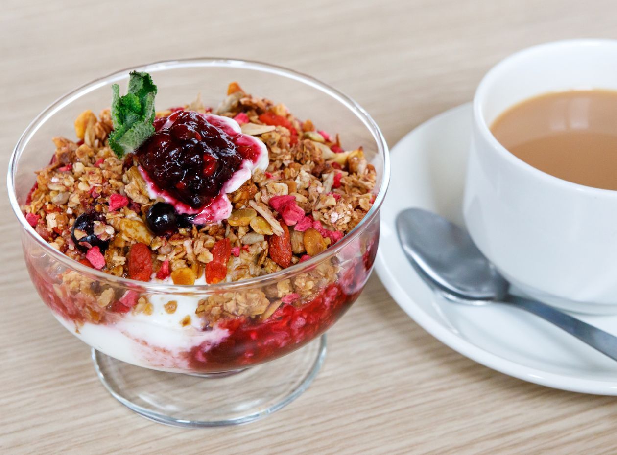 A yoghurt and granola breakfast bowl served at the Turntable Cafe